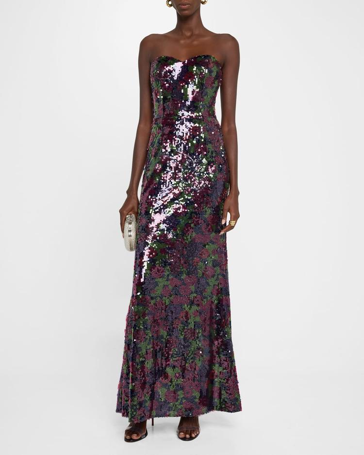 sheridan floral-print sequin sweetheart gown