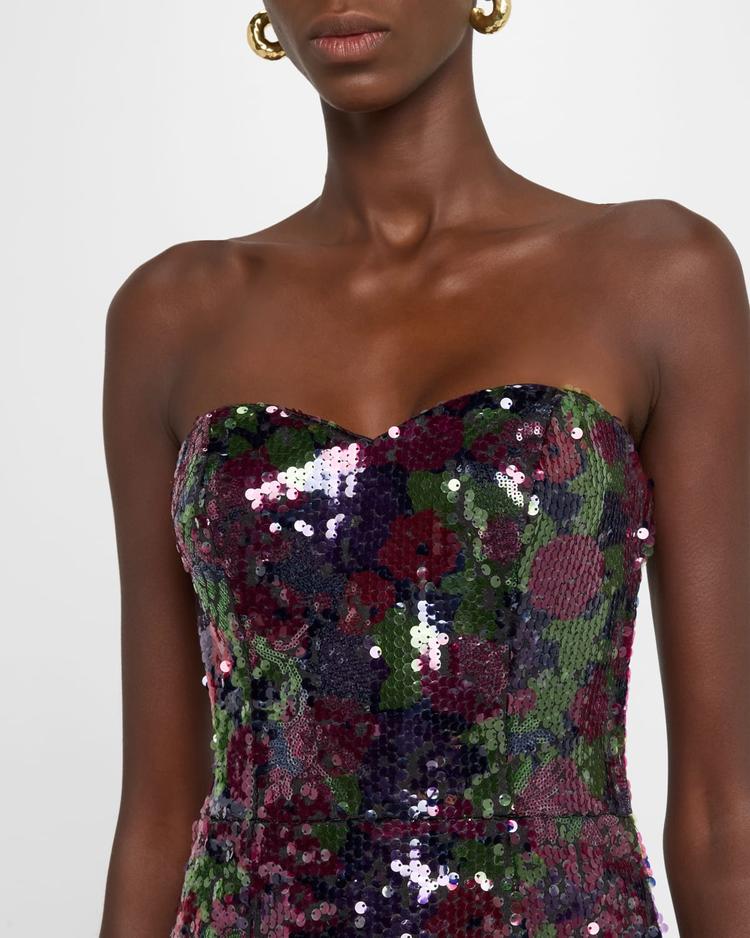 sheridan floral-print sequin sweetheart gown