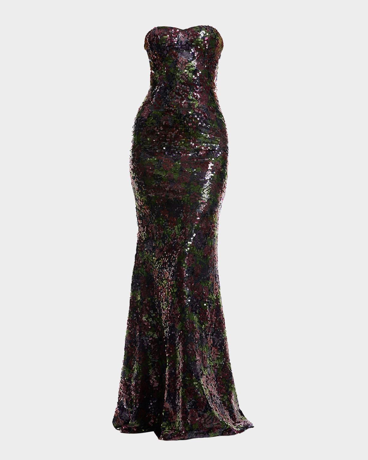 sheridan floral-print sequin sweetheart gown