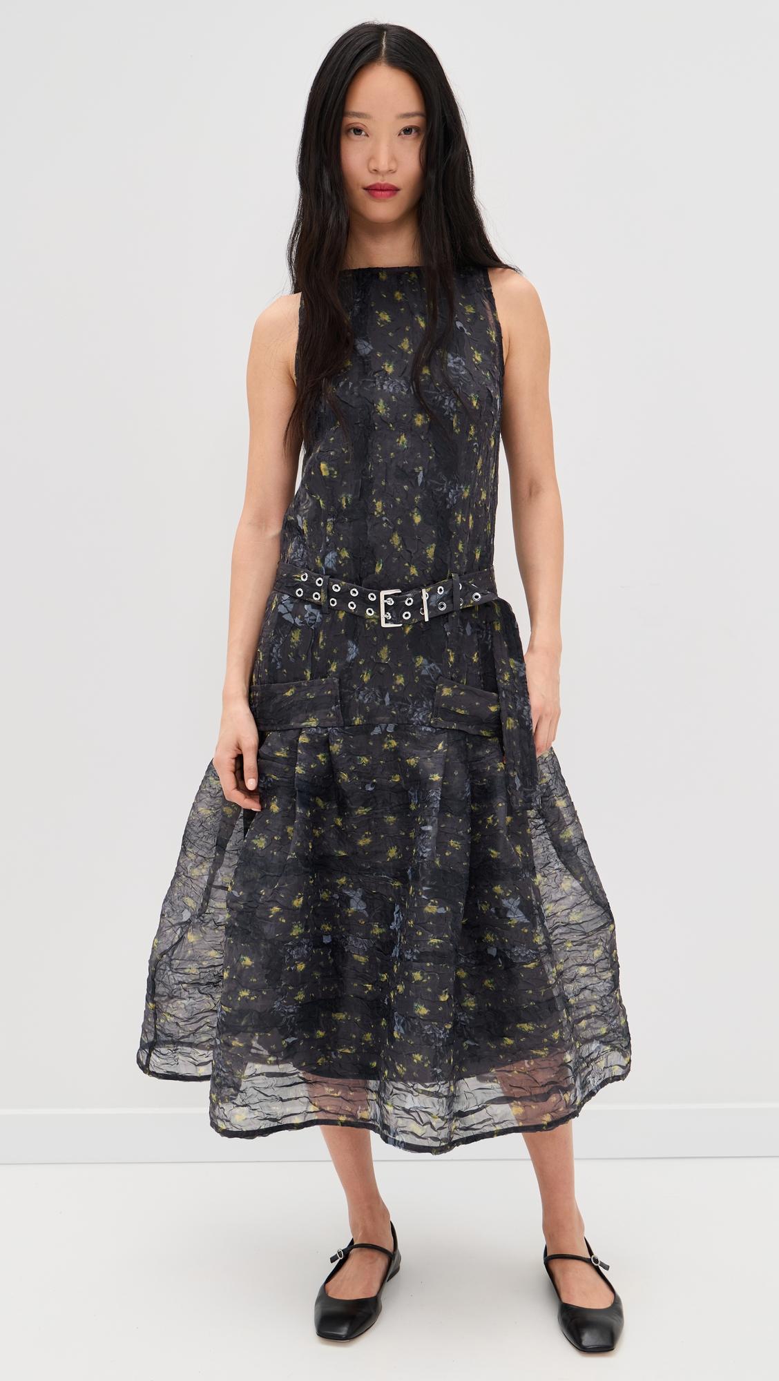 shibori organza belted long dress