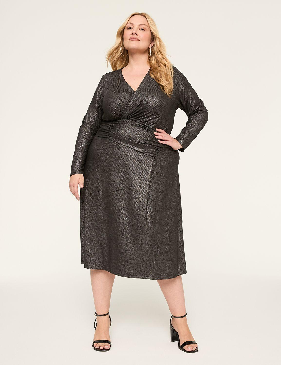 shimmer foiled faux-wrap ruched-bodice midi dress