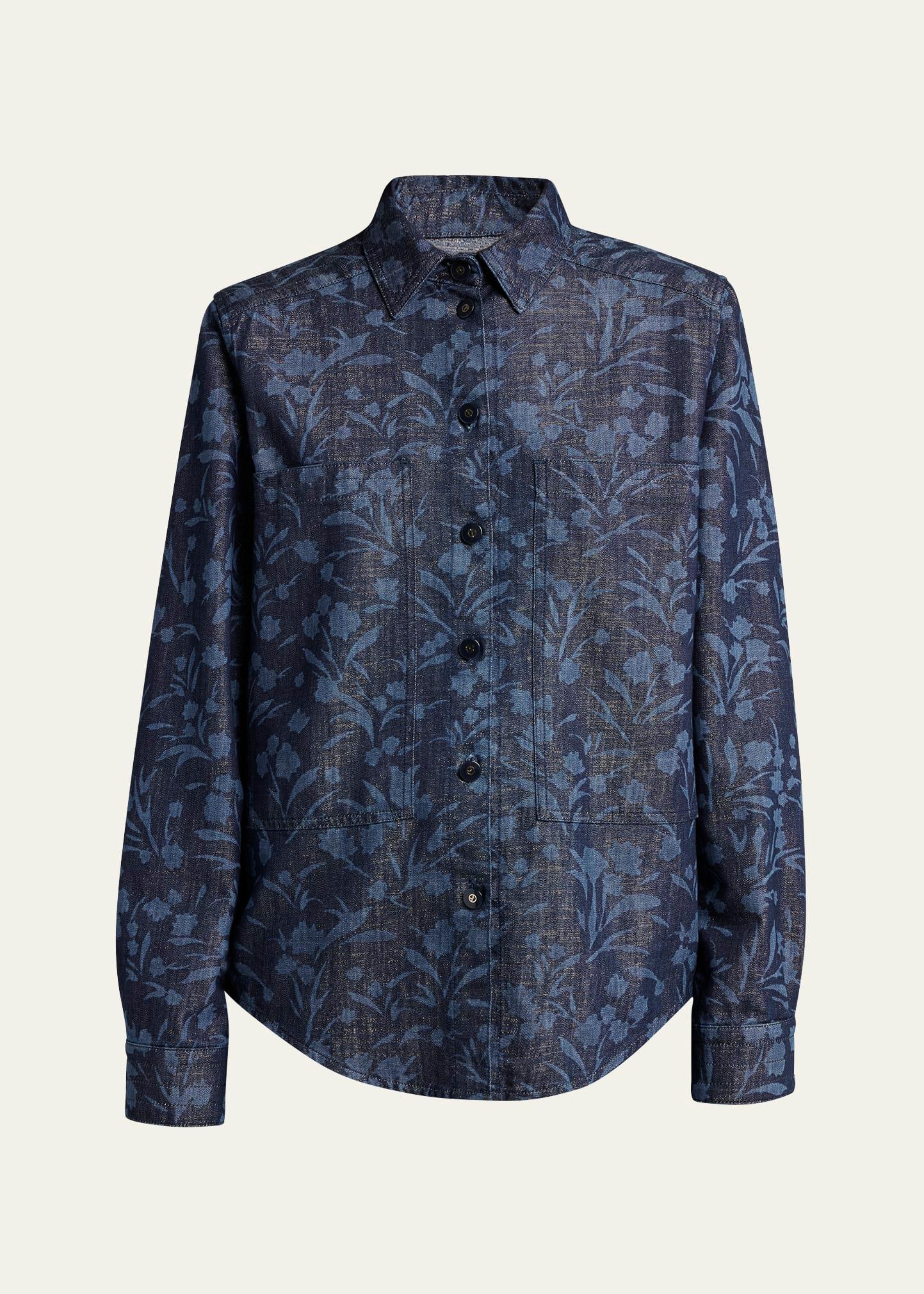 shiny denim floral print button-front shirt
