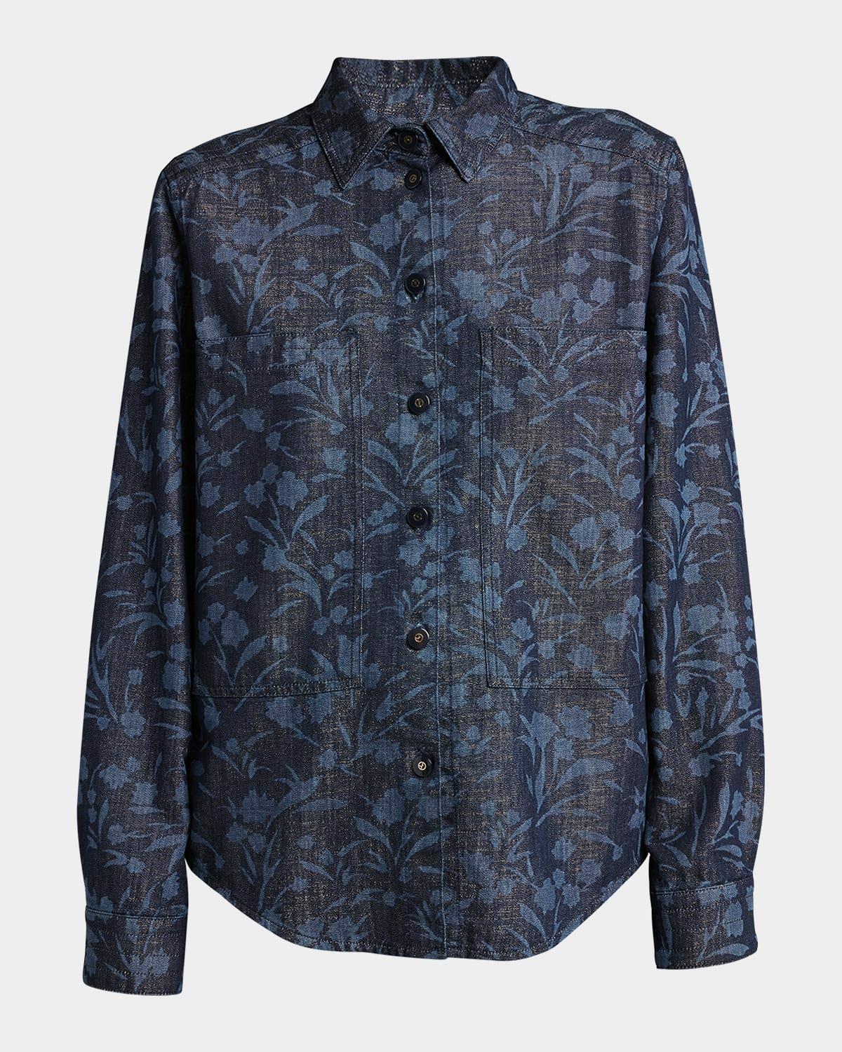 shiny denim floral print button-front shirt