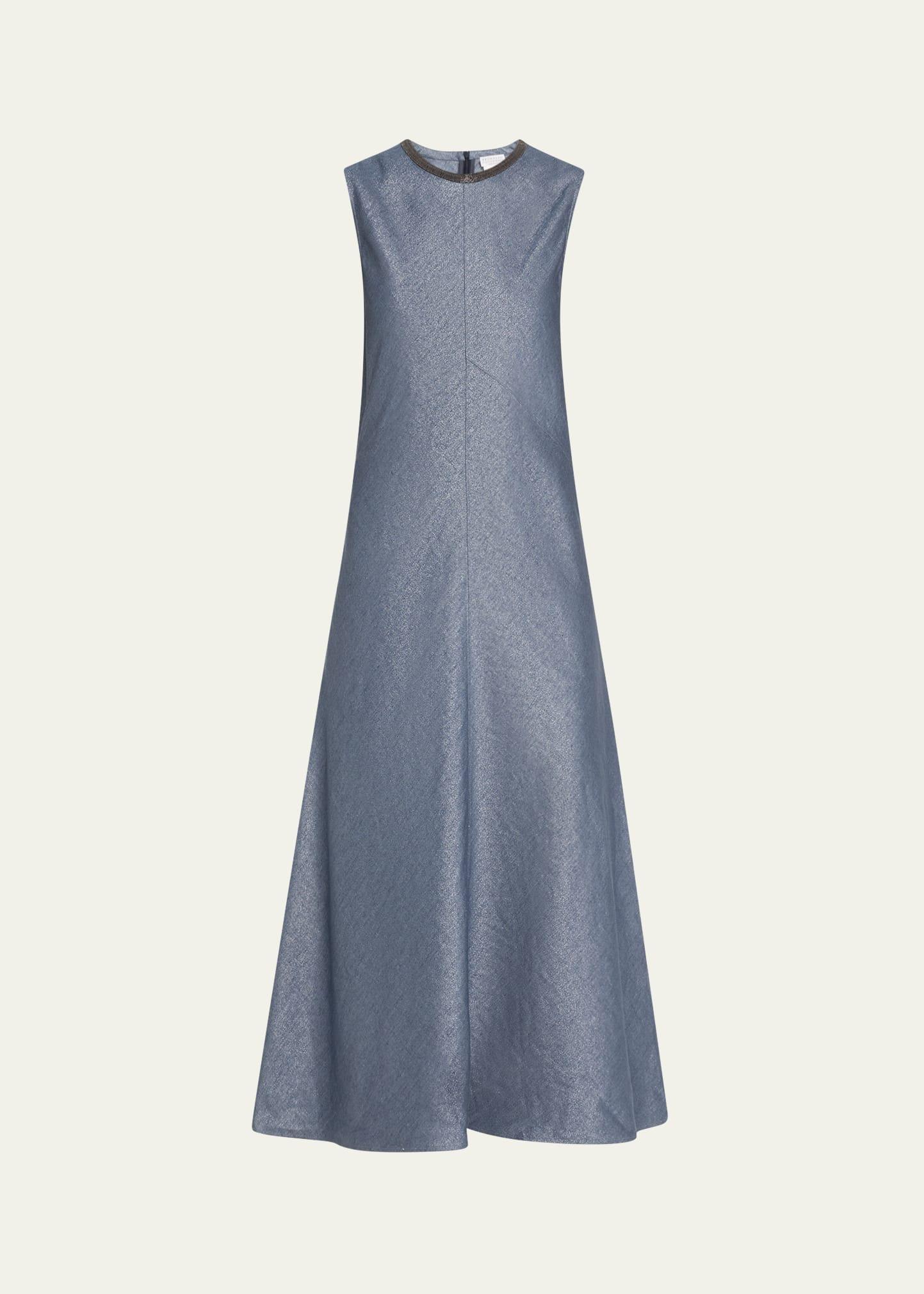 shiny long linen wool twill a-line dress with monili neckline