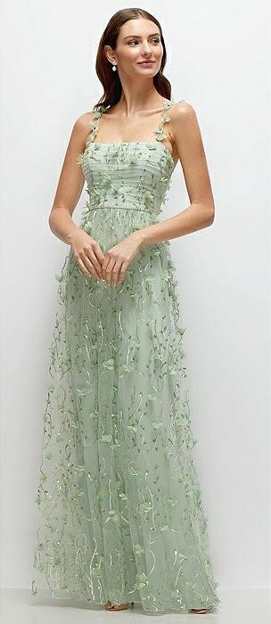 shirred 3d sequin embroidery floral maxi dress with petal-adorned straps