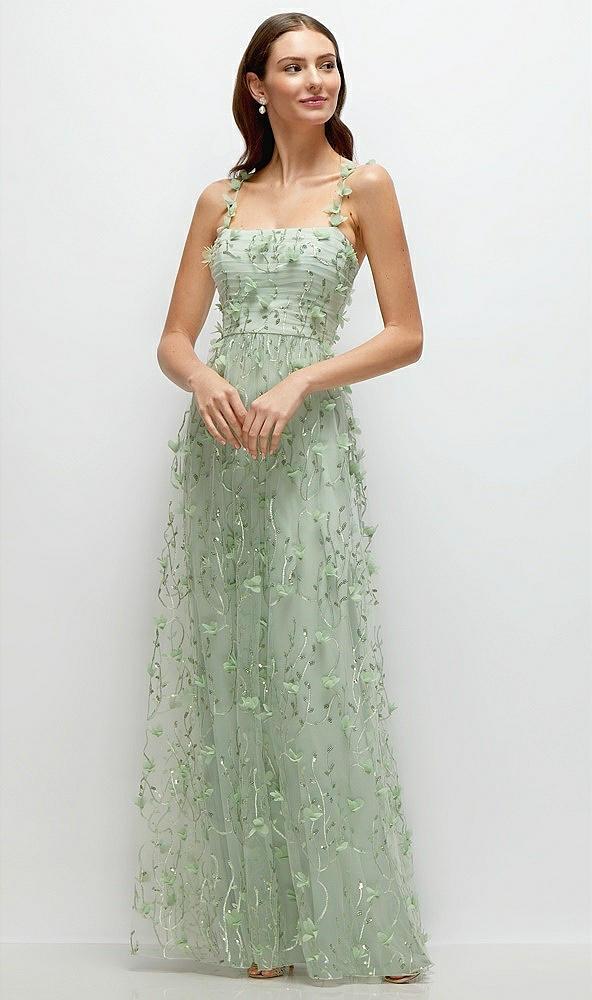 shirred 3d sequin embroidery floral maxi dress with petal-adorned straps