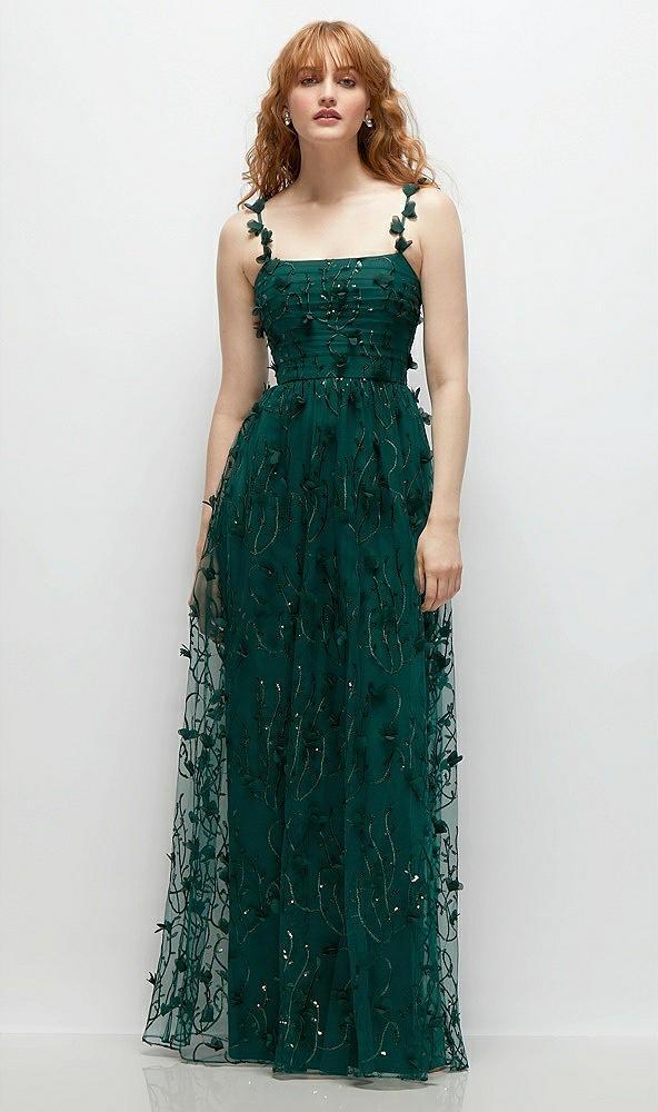 shirred 3d sequin embroidery floral maxi dress with petal-adorned straps