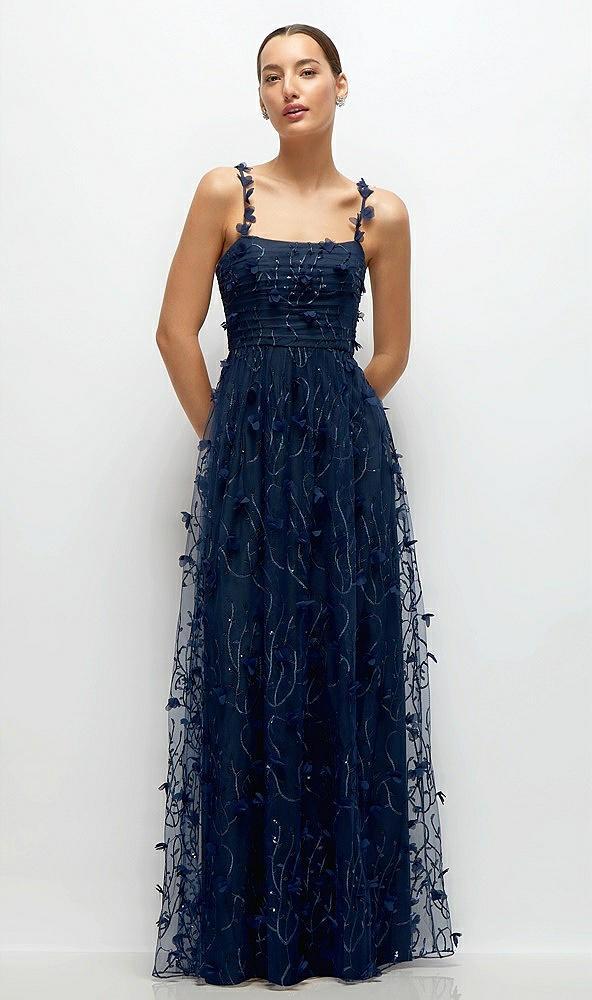 shirred 3d sequin embroidery floral maxi dress with petal-adorned straps