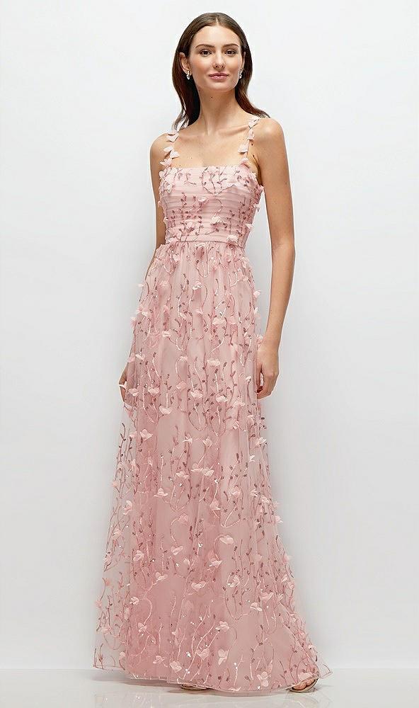 shirred 3d sequin embroidery floral maxi dress with petal-adorned straps