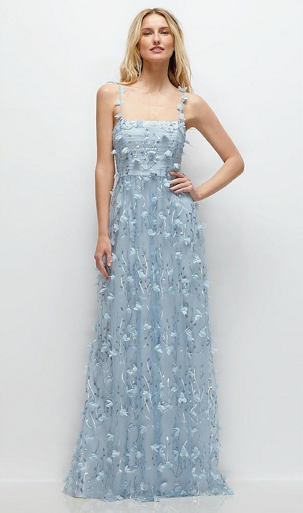 shirred 3d sequin embroidery floral maxi dress with petal-adorned straps