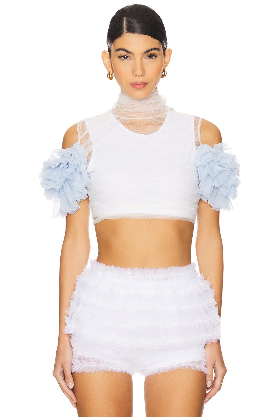 shirred bandage wrap top with puff sleeves