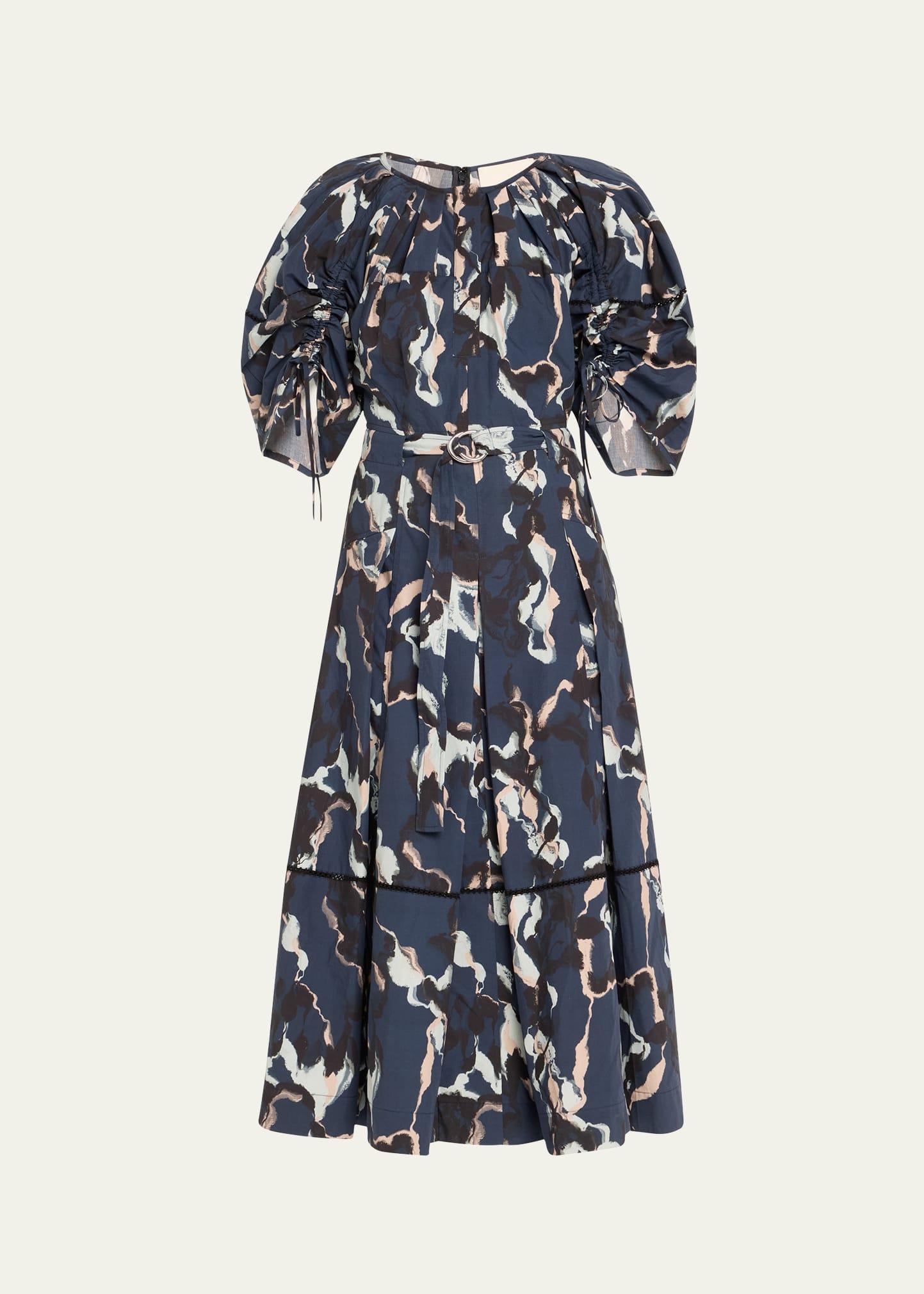 shirred belted midi dress