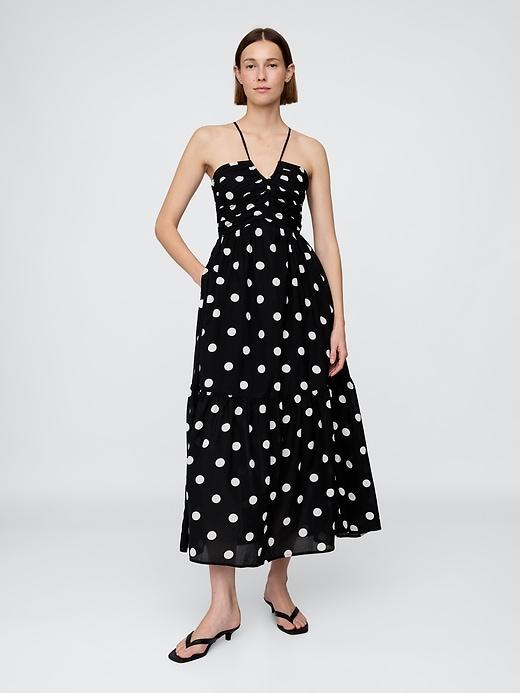 shirred bodice halter maxi dress