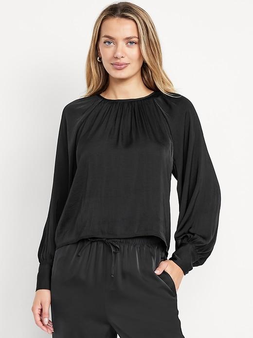 shirred chiffon long-sleeve top