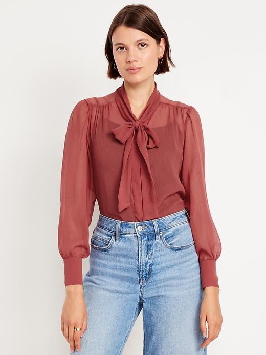 shirred chiffon long-sleeve top