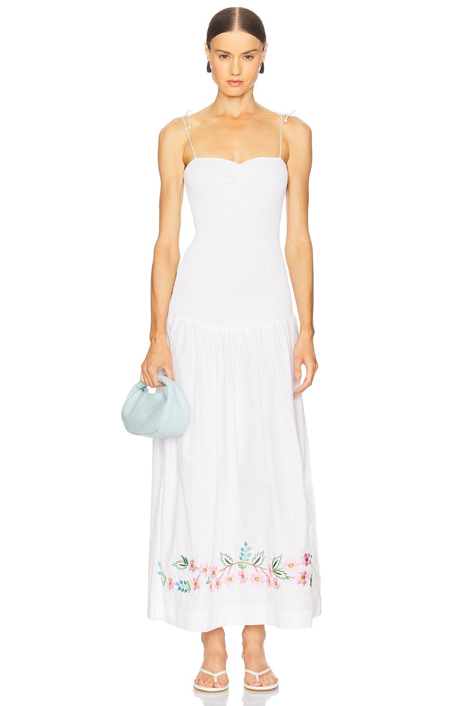 shirred embroidered drop hem maxi dress