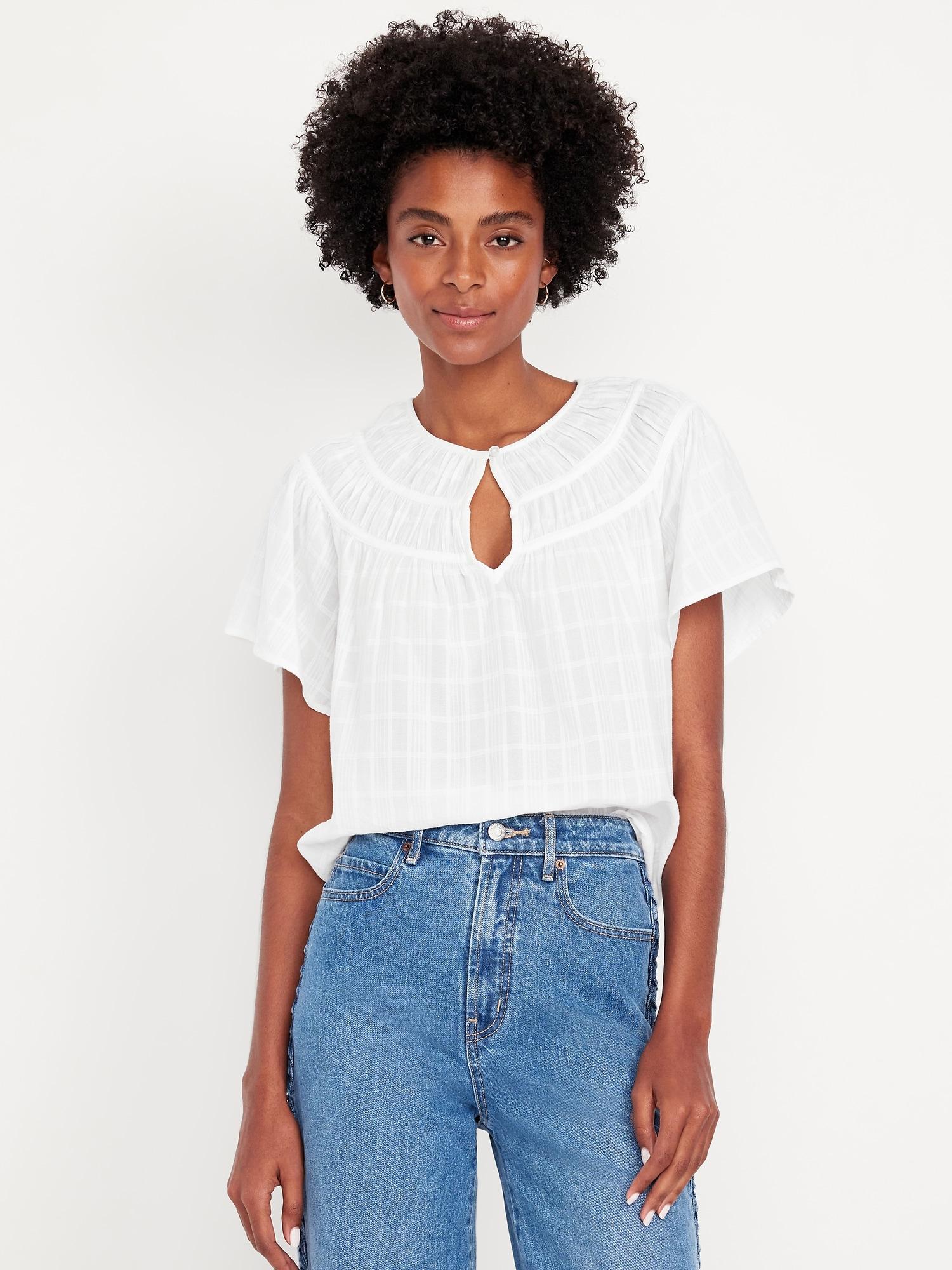 shirred flutter-sleeve top