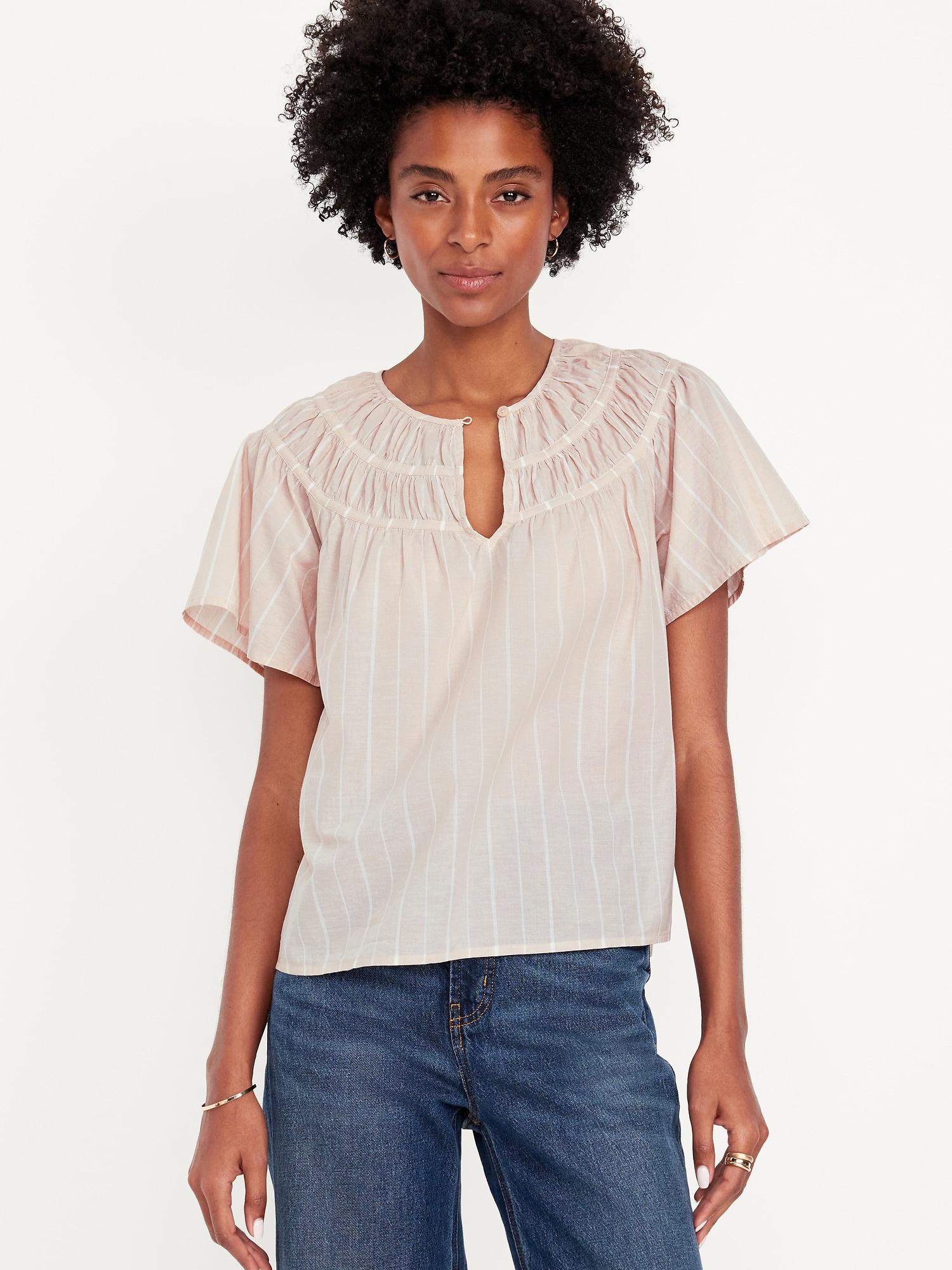 shirred flutter-sleeve top
