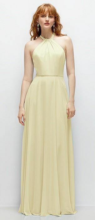 shirred halter chiffon maxi dress with back sash-tie closure