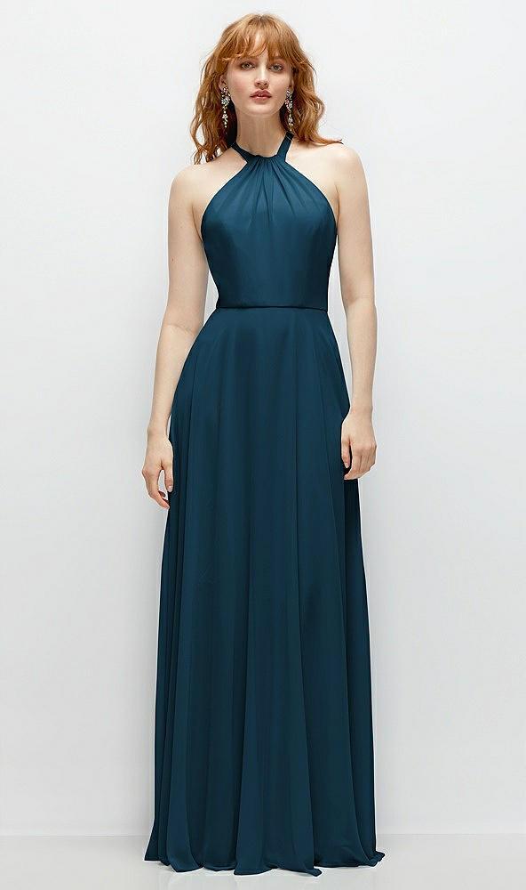 shirred halter chiffon maxi dress with back sash-tie closure