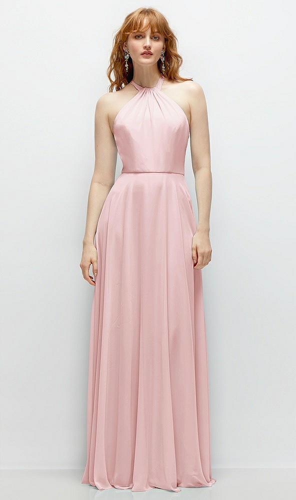 shirred halter chiffon maxi dress with back sash-tie closure