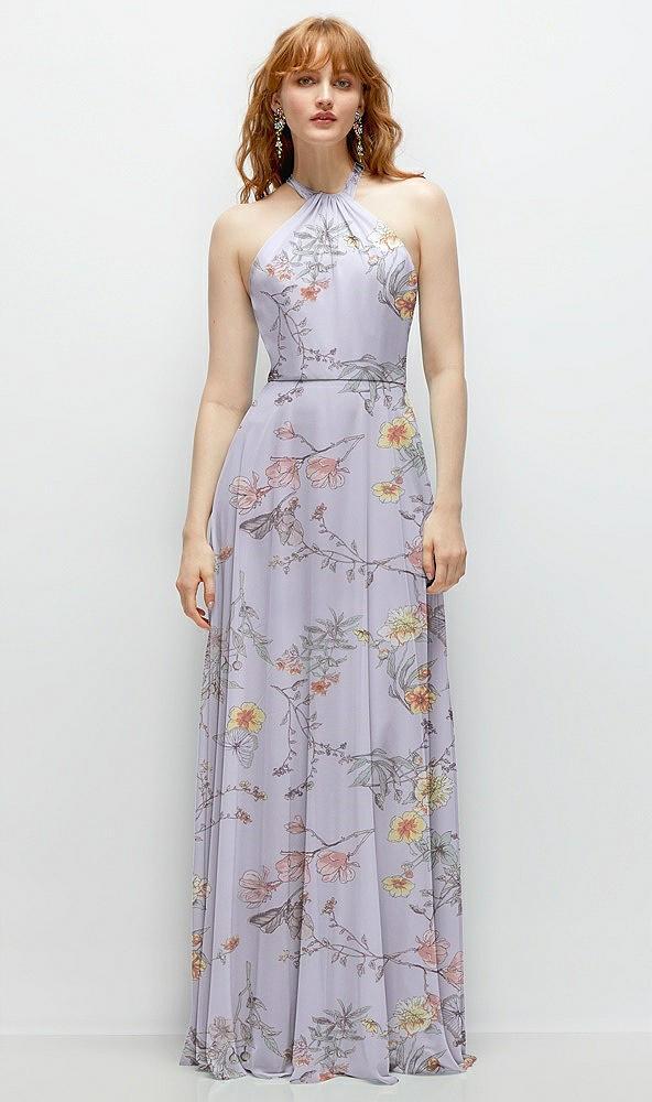 shirred halter chiffon maxi dress with back sash-tie closure
