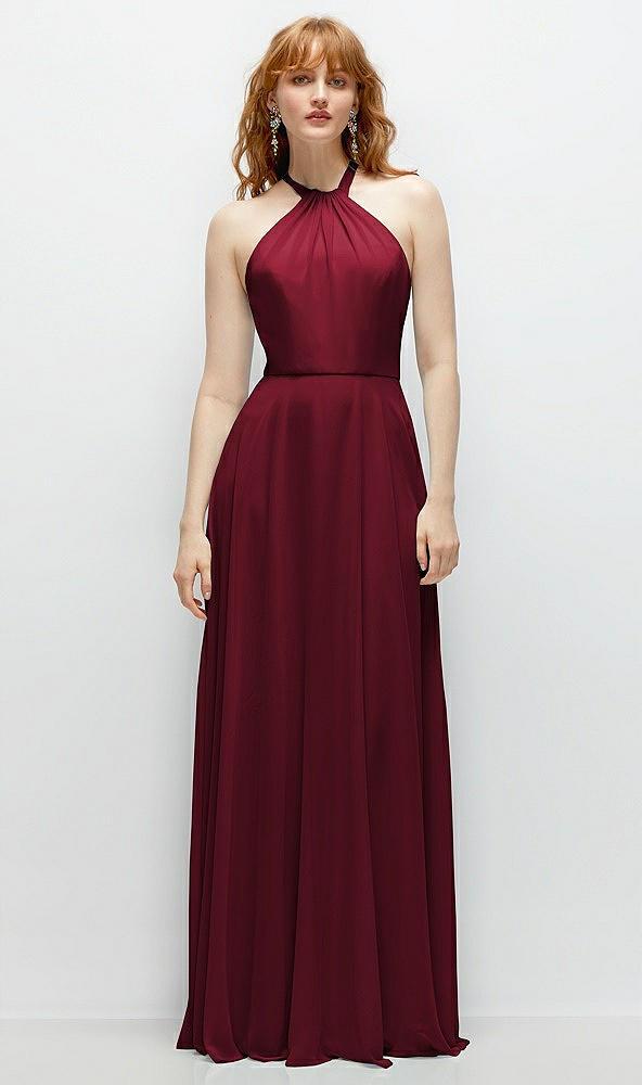 shirred halter chiffon maxi dress with back sash-tie closure