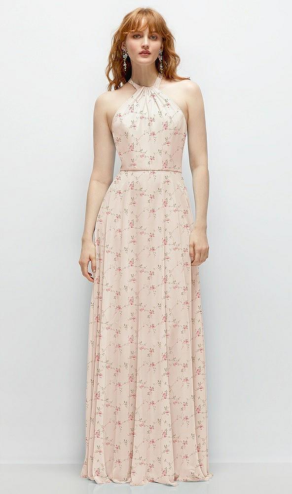 shirred halter chiffon maxi dress with back sash-tie closure