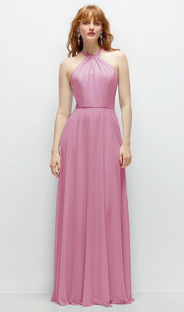shirred halter chiffon maxi dress with back sash-tie closure