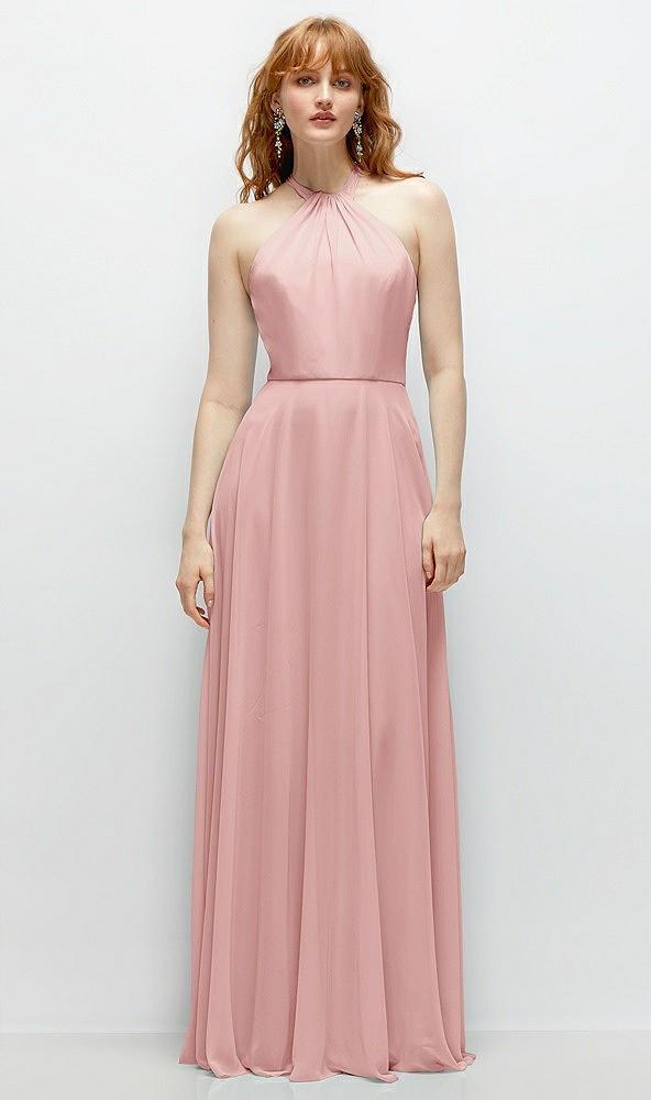 shirred halter chiffon maxi dress with back sash-tie closure