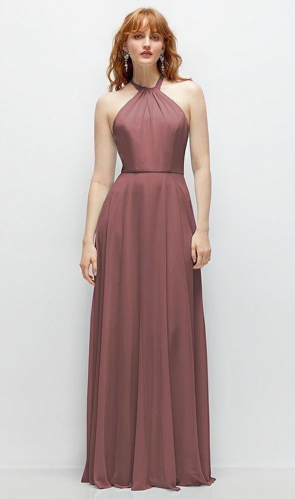 shirred halter chiffon maxi dress with back sash-tie closure