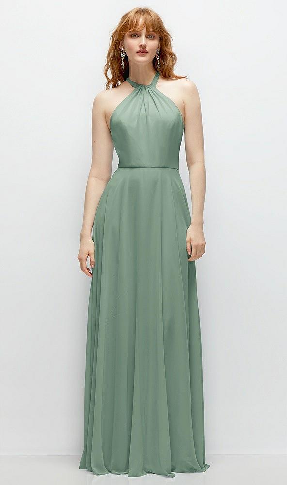shirred halter chiffon maxi dress with back sash-tie closure
