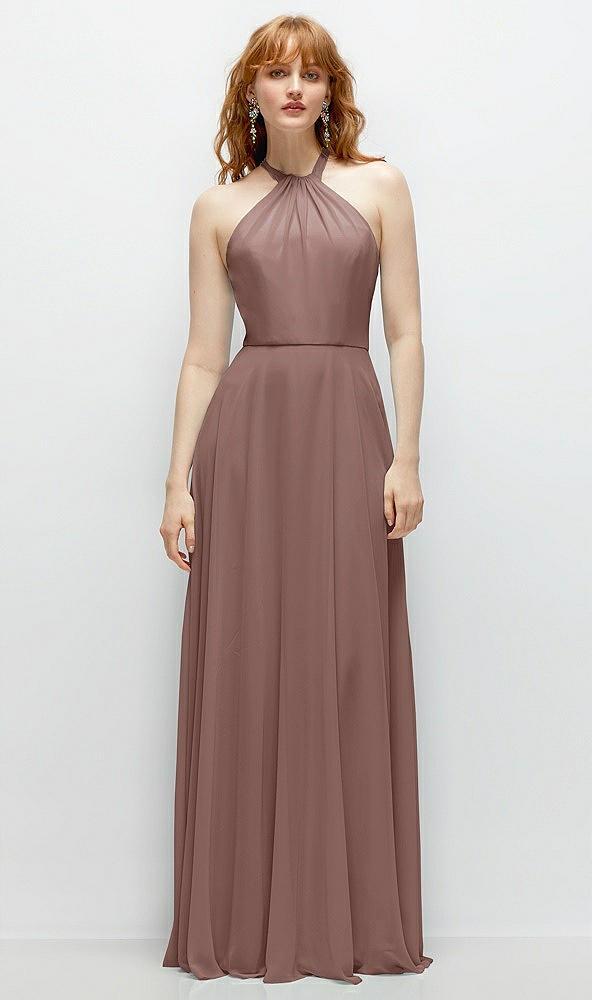 shirred halter chiffon maxi dress with back sash-tie closure