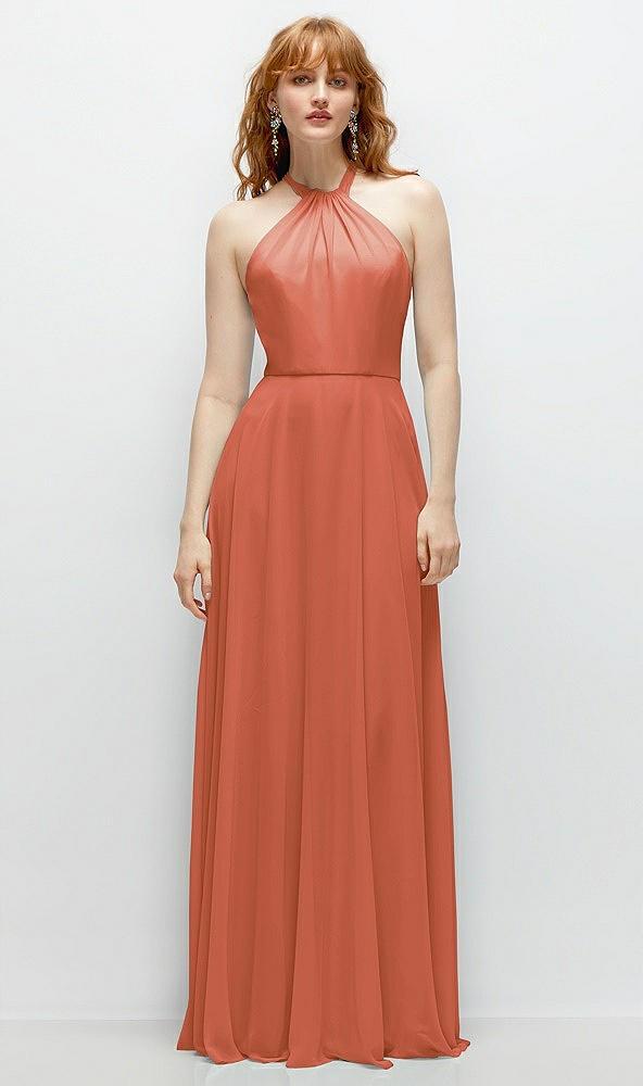 shirred halter chiffon maxi dress with back sash-tie closure