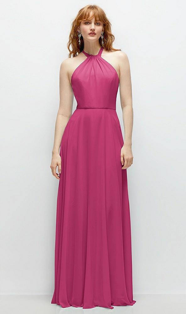 shirred halter chiffon maxi dress with back sash-tie closure