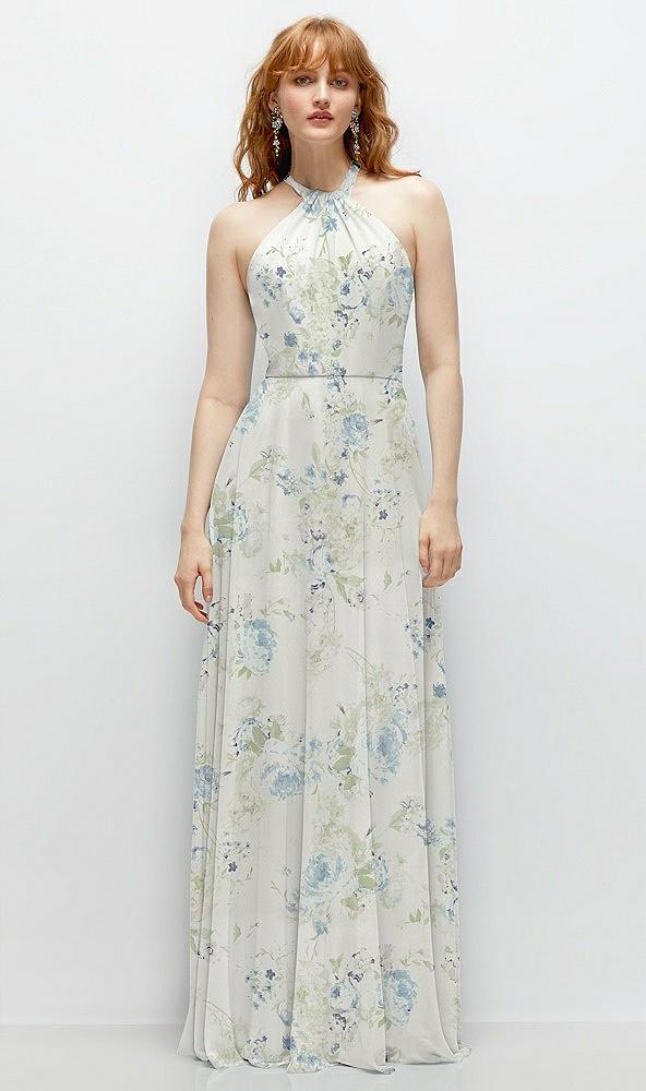 shirred halter chiffon maxi dress with back sash-tie closure
