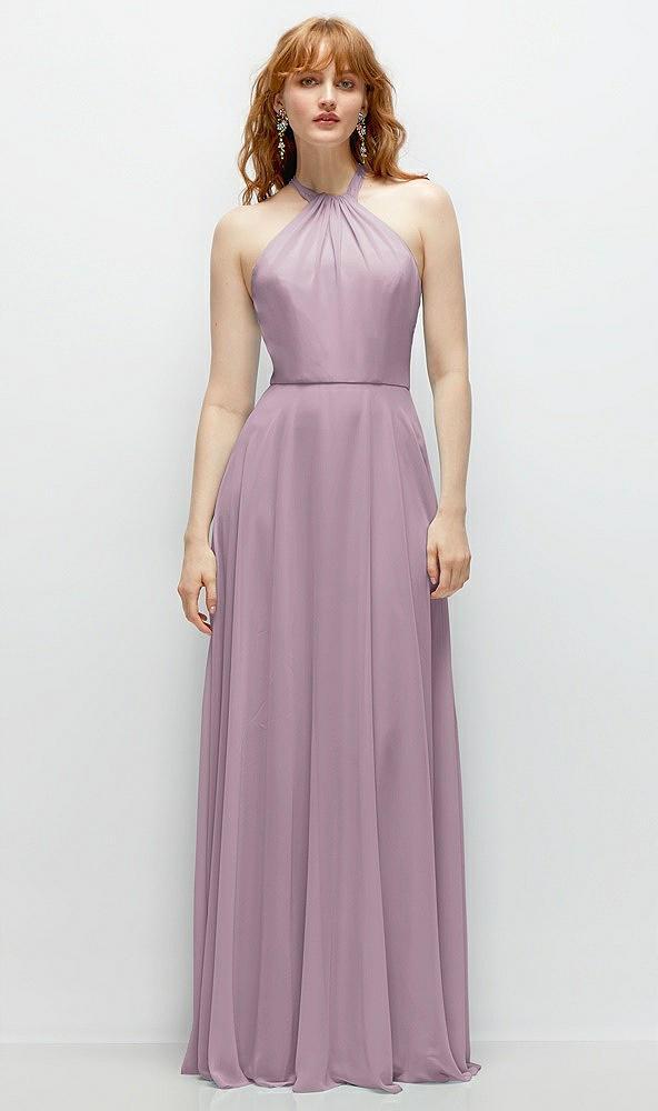 shirred halter chiffon maxi dress with back sash-tie closure