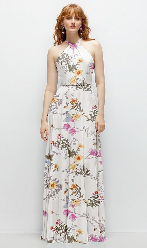 shirred halter chiffon maxi dress with back sash-tie closure