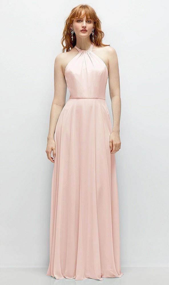 shirred halter chiffon maxi dress with back sash-tie closure