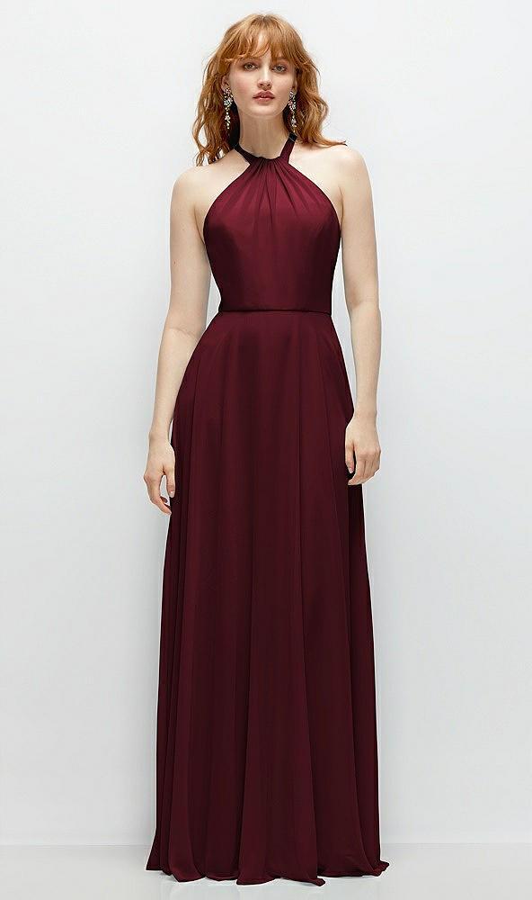 shirred halter chiffon maxi dress with back sash-tie closure