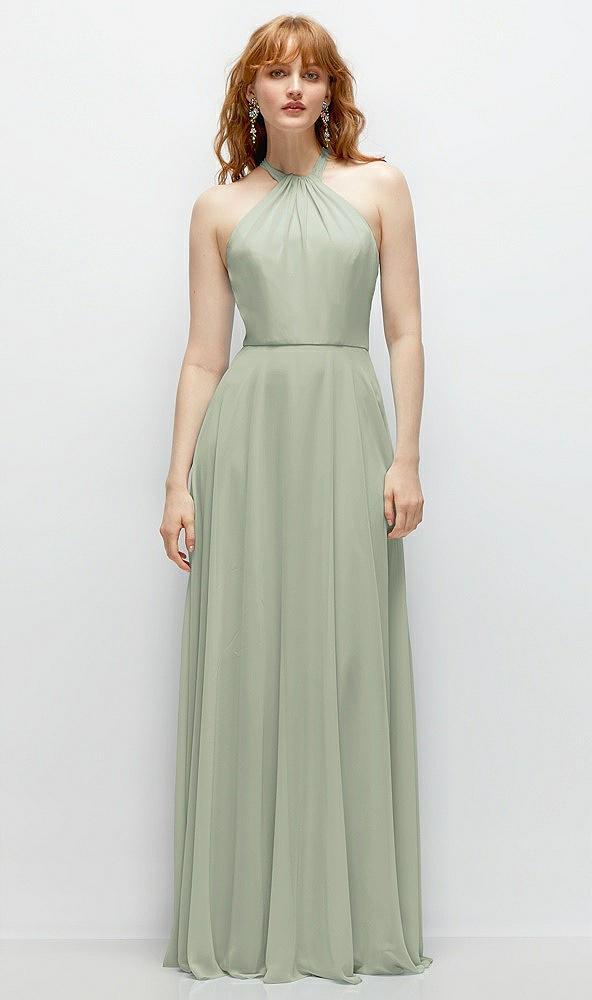 shirred halter chiffon maxi dress with back sash-tie closure