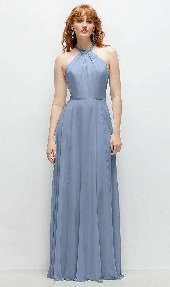shirred halter chiffon maxi dress with back sash-tie closure