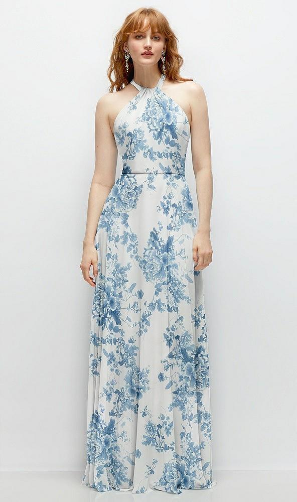 shirred halter chiffon maxi dress with back sash-tie closure