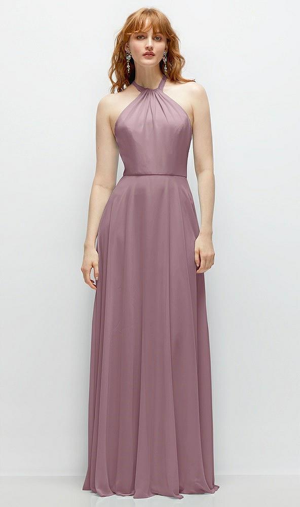 shirred halter chiffon maxi dress with back sash-tie closure