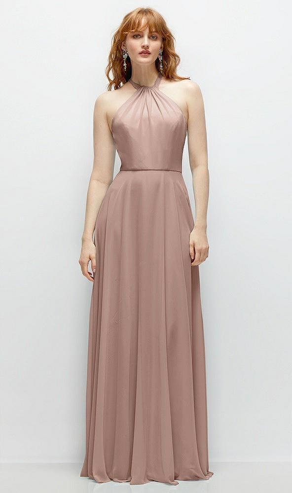 shirred halter chiffon maxi dress with back sash-tie closure