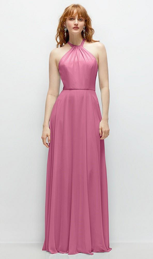 shirred halter chiffon maxi dress with back sash-tie closure