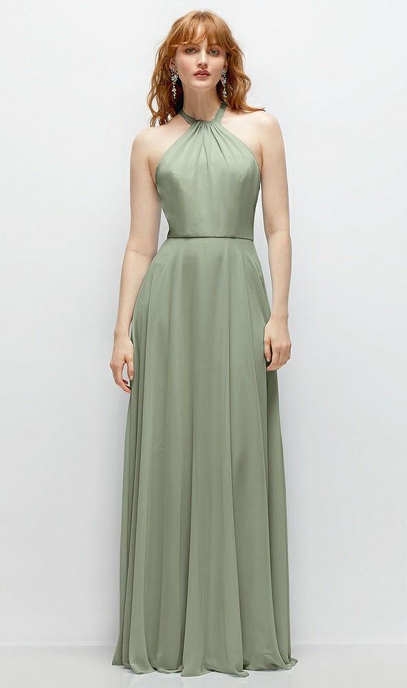 shirred halter chiffon maxi dress with back sash-tie closure
