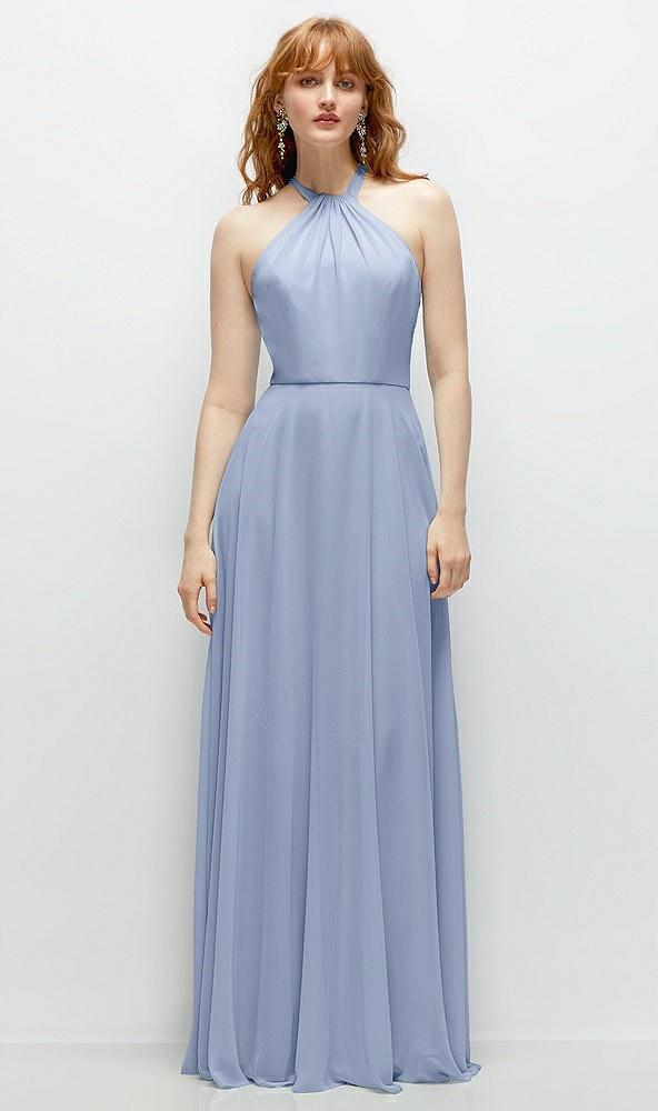shirred halter chiffon maxi dress with back sash-tie closure