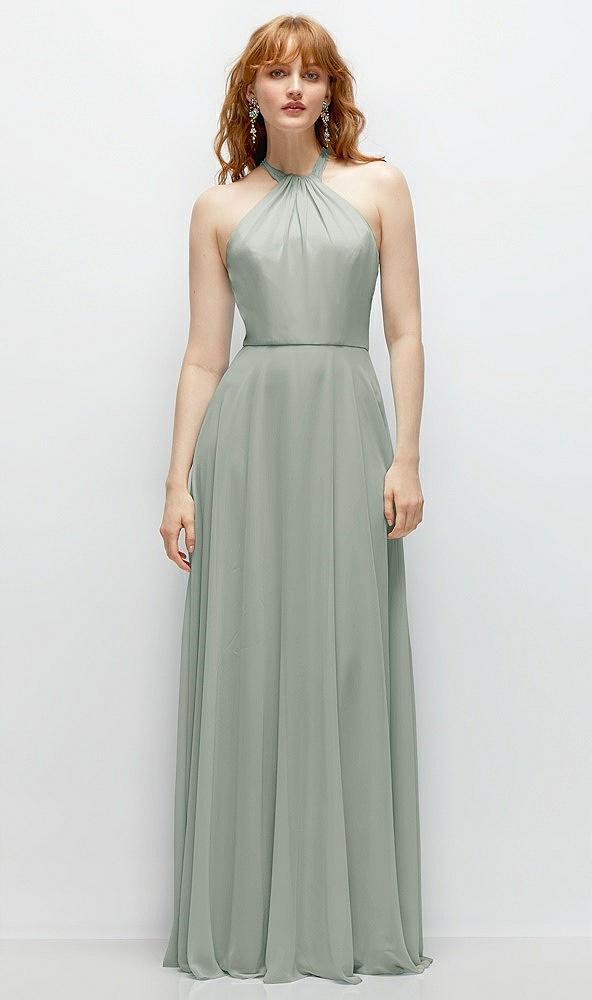 shirred halter chiffon maxi dress with back sash-tie closure