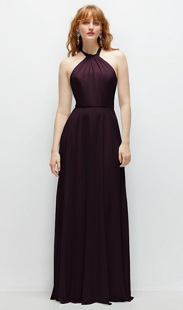 shirred halter chiffon maxi dress with back sash-tie closure